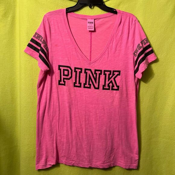 VS PINK V-Neck Short Sleeve Tee Shirt Black Bright Striped Large - Picture 1 of 5